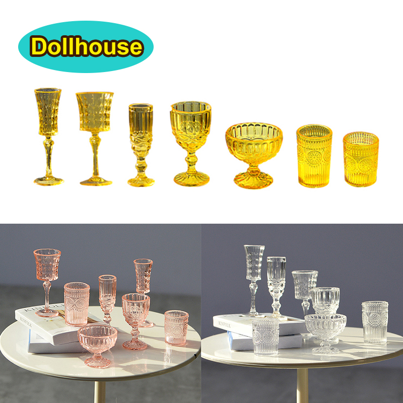 Model Kitchen Set - ชุดแก้วน้ำจิ๋ว 7 ชิ้น/ชุด ขนาด 1:6 แก้วไวน์แกะสลัก